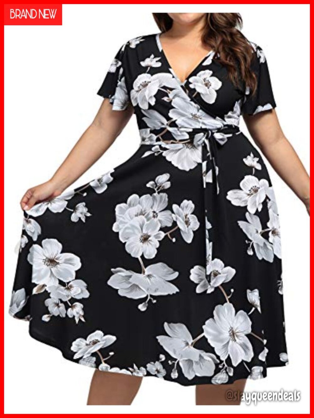 Plus Size V-Neck Floral Midi Dress with Pockets & Belt